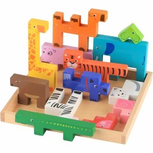 3D puzzle 13 állatfigurával, rakosgatható, 3 éves kortól, fából, 19,6x19,6x1,5 cm, többszínű