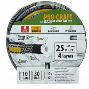 Pro-Craft Anti-Torsion Garden Hose 4-Ply, 25m, 1/2 inch, rezistent la UV, 30 bar - Irigare