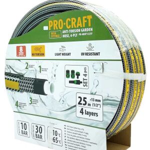 Furtun de grădină Pro-Craft Anti-Torsion 4 straturi PR-4KAT1325F, 25m, 1/2", 30 bar, rezistent la UV, cu fitinguri - Irigare