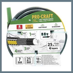 Furtun de gradina Prokraft PR-4KAT 1925F, 25m, 4 straturi, rezistent la UV, anti-torsiune, cu fitinguri - Irigare