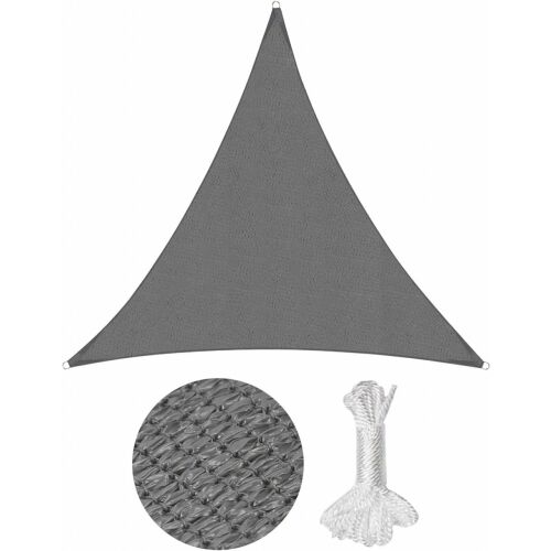 Sekey Sonnensegel, anthrazitgrau, dreieckige Form, mit Seilen und Nahaufnahme des Stoffes