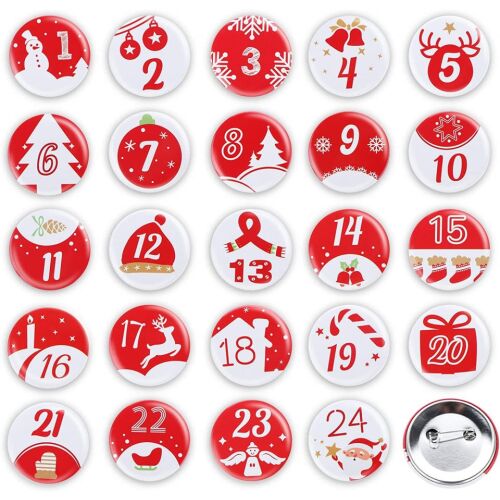 Set de 24 insigne cu numere pentru calendar de advent Adorfine, rosu/alb, metal/plastic, 4 cm