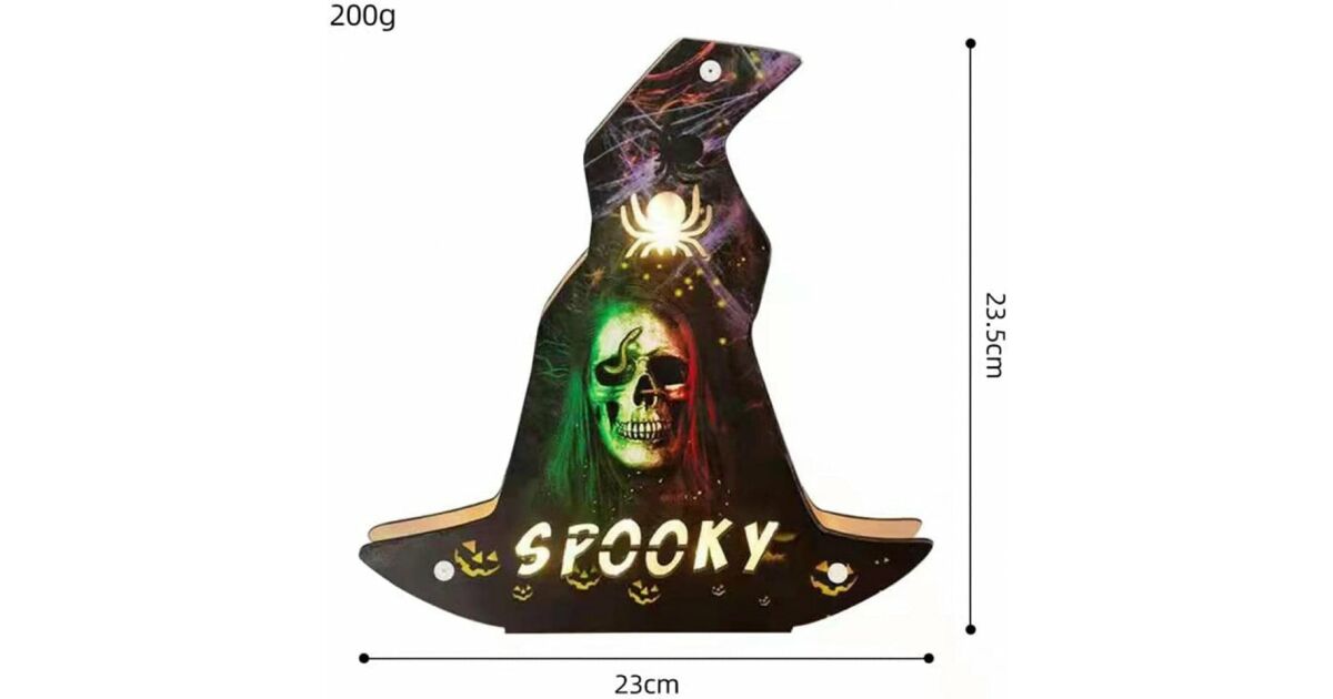 Decoratiune pentru Halloween, LED, model palarie, lemn, multicolor, 23 x 23,5 cm 123912421