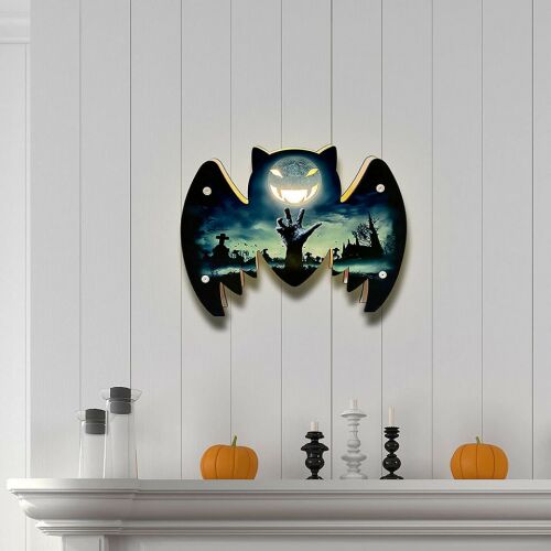Decoratiune pentru Halloween, LED, model liliac, lemn, negru/albastru, 23,5 x 18 cm 123912456