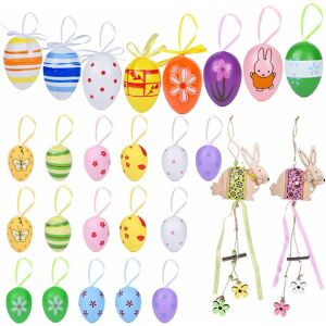 Set de 12 oua colorate de Paste si 2 pandative iepuras Ulikey, lemn, multicolor, 4 x 3 cm / 6 x 4 cm 123914532 - Decorațiuni de Paște