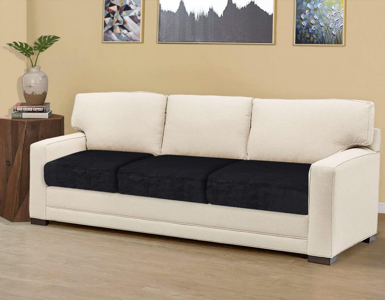 Set 3 huse de protectie pentru sezutul canapelei TIANSHU, catifea, negru, 70 x 64 x 23 cm