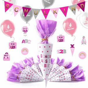 Set decoratiuni pentru inceperea scolii Anyunkey, latex, roz/mov, 57 piese 123917111 - Decoratiuni pentru tort