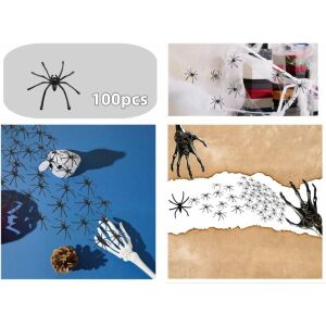 Комплект от 100 паяка MAXEE за Хелоуин, пластмасови, черни, 4 x 4 см 123917360 - Декорация за Хелоуин