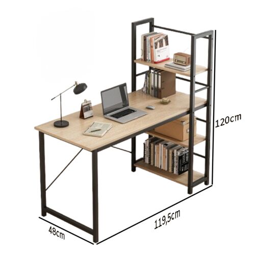 Fodym Schreibtisch mit Bücherregal Abmessungen, Hellbraun und Schwarzes Metall