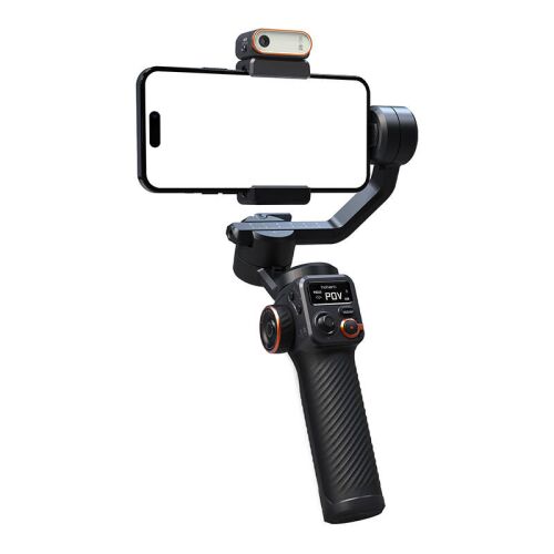 Hohem iSteady M6 Kit gimbal stabilizer with phone and fill light, angled view