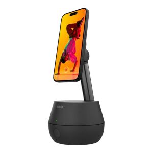 Belkin Auto-Tracking Stand Pro z iPhone'em, pokazujący funkcję automatycznego śledzenia - Biurkowy uchwyt na telefon