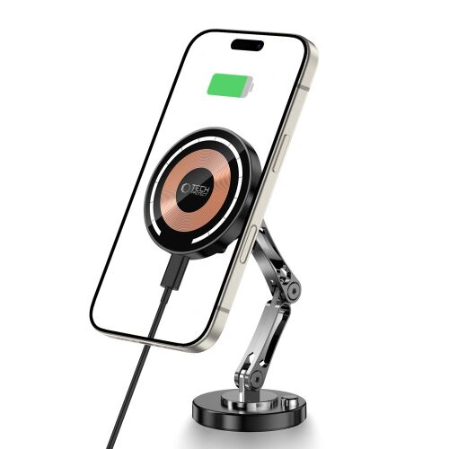 Telefontartó: Tech-Protect MM15W-V8 - műszerfalra rögzíthető, MagSafe kompatibilis autós telefontartó/töltő, fekete