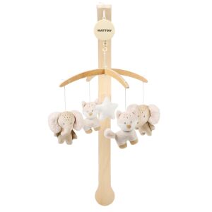 Nattou Flo, Ernest and Oli musical mobile with wooden stand featuring plush elephant, fox, and star toys. - Musical Mobile, Projection Mobile