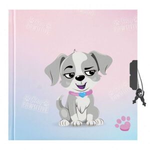 Zárral ellátott napló, aranyos kutyás mintával, elülső borító kutyás illusztrációval és mancsnyomokkal - Iskolakezdés, iskolaszer