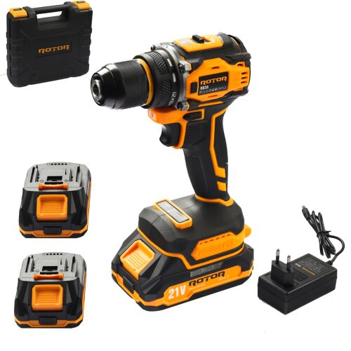 A ROTOR RD2A akkus fúró-csavarozó készlet képe, amely két akkumulátort, töltőt és hordtáskát tartalmaz