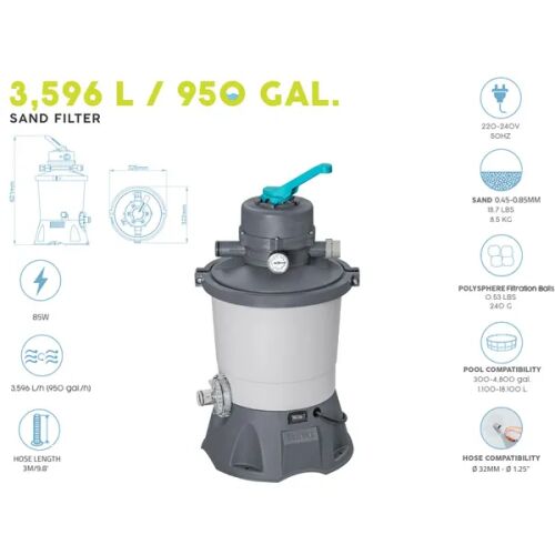Bestway Sandfilter 3.596 L / 950 Gallonen für Pools, 85W, 220-240V, 32mm Schlauch, 0,45-0,85mm Sand oder PolySphere Filterkugeln