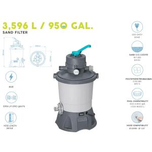 Filtr piaskowy Bestway 3 596 L / 950 galonów do basenów, 85W, 220-240V, wąż 32 mm, piasek 0,45-0,85 mm lub kule filtracyjne PolySphere - Bestway