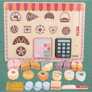 Szerepjáték 3 éves kortól, cukrászdai kiegészítőkkel, 16 fadarabbal, hordozható, 30x22 cm, többszínű