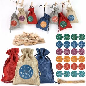 Set mit 24 Beuteln, 24 Clips und 24 Stickern für den VGOODALL Adventskalender, Holz/Textil/PVC, Multicolor 124032591 - Geschenkverpackungen