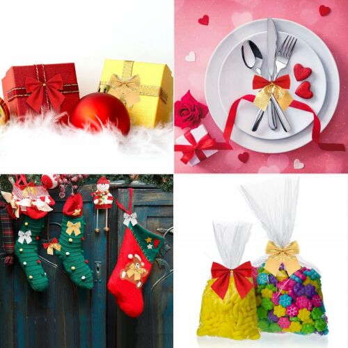 60er Set Hongyans Weihnachtsschleifen, Rot/Gold/Silber, Polyester, 5 x 6 cm 124032750