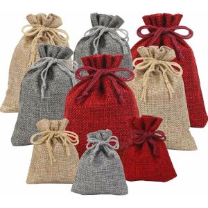 Set de 24 saculeti LANMOK, textil, bej/gri/rosu, 9/13,3 cm 124032677 - Calendare de Advent