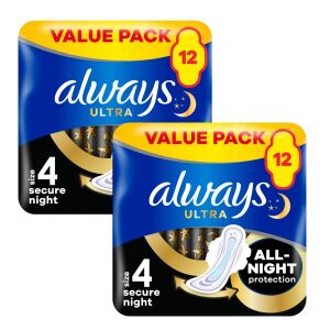 Always Ultra Secure Night higijenski ulošci, 2 pakiranja po 12 komada, zaštita tijekom cijele noći - Always