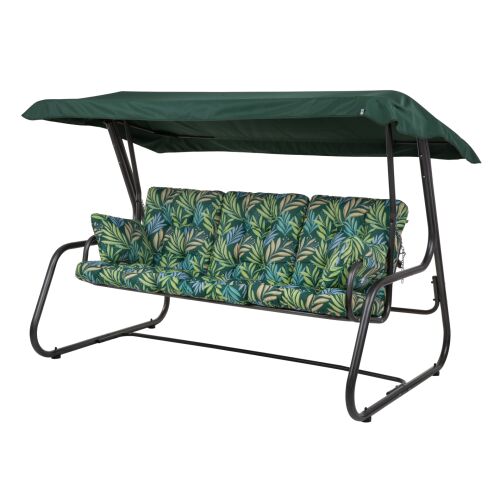 Celebes 4 személyes kerti hintaágy zöld levélmintás párnákkal és tetővel.