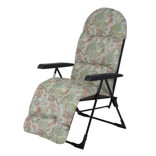 Samar Plus zöld összecsukható kerti szék lábtartóval, állítható háttámlával és mintás párnával.