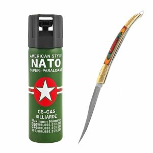 Комплект испански макетни ножове 18 см и три пиперки, самозащита, 110 мл, зелен