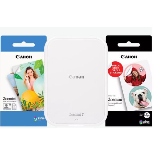 Canon Zoemini 2 pearl white photo printer bundle with ZINK photo paper and sticker paper