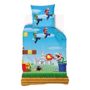 Set de lenjerie de pat Super Mario, cu o scenă din joc cu Mario, Luigi, Bowser și alte personaje - Lenjerie de pat - tineri și adulți