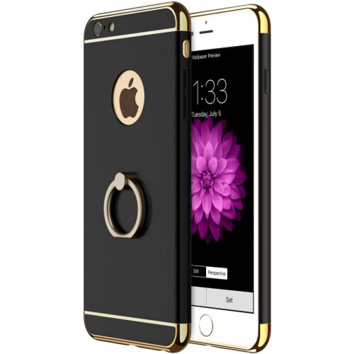 Fekete iPhone 8 Plus tok arany szegéllyel és gyűrűtartóval, a tokot egy telefonon mutatja 