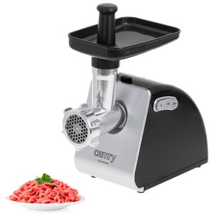 Mașină de tocat carne electrică Camry Premium, 1600W, negru și argintiu, cu carne tocată într-un bol - Camry
