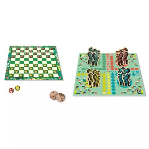 Auzou 10 az 1-ben klasszikus társasjátékok: dáma, Ludo állatfigurákkal és fa kockákkal