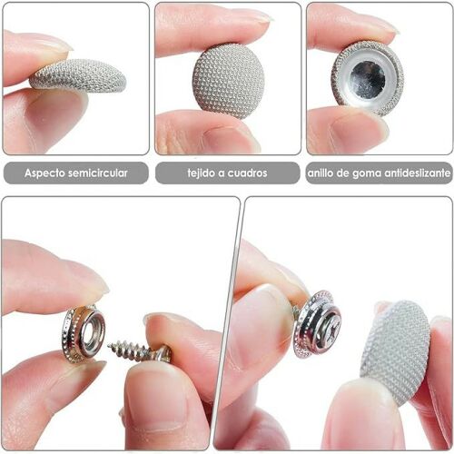 Az Aisdelu� <product_name>Kit 65 capse, Aisdelu�, incluse 65 bucati catarame, 65 cuie colorate, surubelnita, banda de masura, pentru</product_name> autós kárpitjavító készlet alkatrészeinek közeli képe, a pattanó sapkák, csavarok és a gumi gyűrű látható - Autós rendszerező