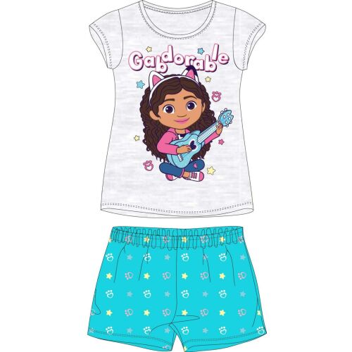 Set pijama Nickelodeon Gabby's Dollhouse pentru copii, mărimea 5-6 ani (116 cm). Prezintă imprimeu cu personajul Gabby pe un top alb și pantaloni scurți albaștri cu amprente de labe și stele.