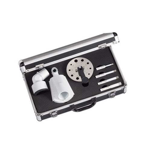 Carat diamond drill bit set for dry drilling, including 6mm, 8mm, 10mm, and 12mm drill bits, centering device, extension, and carrying case.