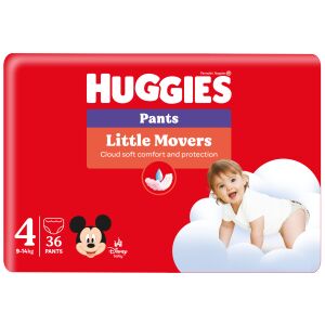 Huggies Little Movers Pants Mărimea 4, 36 bucăți, chiloței-scutece pentru bebeluși de 9-14 kg, cu Disney Baby Mickey Mouse - Schimbarea scutecelor
