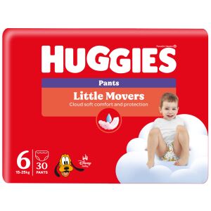 Huggies Little Movers Pants veľkosť 6, balenie 30 kusov. Detské plienkové nohavičky pre deti s hmotnosťou 15-25 kg. - Prebaľovanie