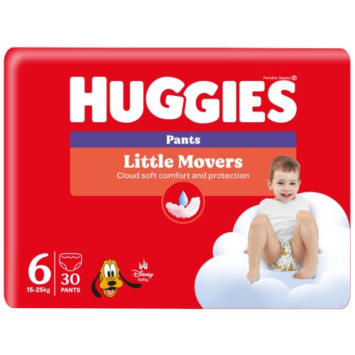 Huggies Little Movers Pants veličina 6, pakiranje od 30 komada. Dječje pelene-gaćice za bebe od 15-25 kg.