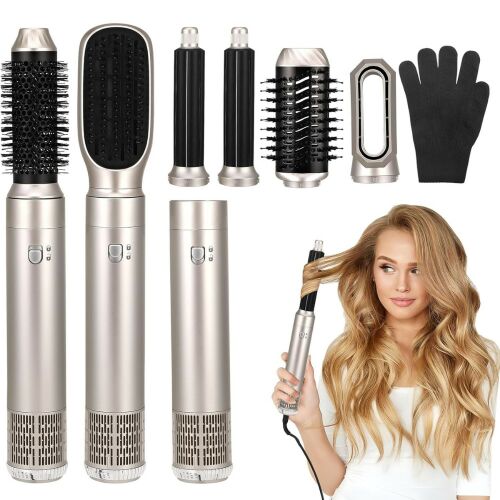 6-in-1-Heißluft-Stylingbürsten-Set mit austauschbaren Köpfen und Handschuh für glattes und welliges Haar - Silber - WT-632