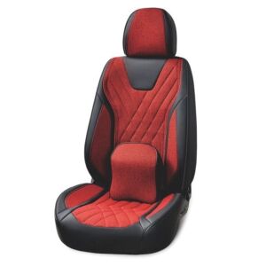 Uniwersalne pokrowce na siedzenia samochodowe, czarna ekoskóra i czerwony materiał, przód i tył - Pojazd i części