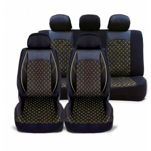 Univerzális autós üléshuzatok, fekete ökológiai bőrrel, fekete szövettel és sárga varrással, elöl-hátul, 5 darabos szett - Autó üléshuzat