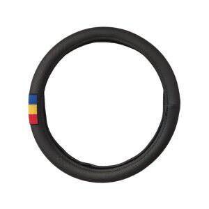 Fekete perforált műbőr kormánykerék borítás Román zászló részlettel - Autós kormányhuzat