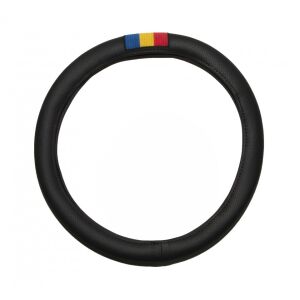 Fekete perforált bőr kormánykerék borítás román zászlóval, 45-46 cm - Autós kormányhuzat