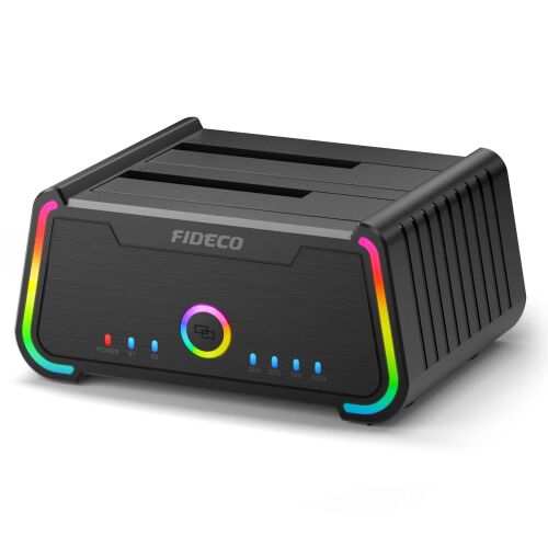 FIDECO Dual Bay merevlemez dokkoló állomás, fekete, RGB világítással
