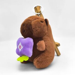 Jucărie Breloc din Pluș Tip Capybara, pentru Copii +3 Ani, Lungime 11 cm, Culoare Maro cu Floare Mov ABYZ™, Accesoriu Drăgălaș și Distractiv 124749489 - Brelocuri