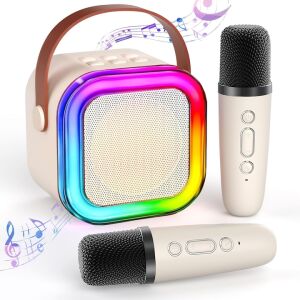 Set de difuzoare karaoke MRG MK12 Bluetooth cu 2 microfoane wireless, alb, prim-plan - Boxe Portabile