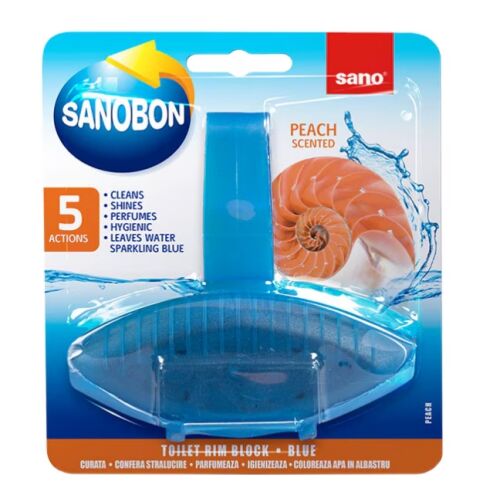 Sano Bon Blue Peach blok za WC školjku, 5 funkcija: čisti, daje sjaj, parfimira, higijenski, boji vodu u plavo