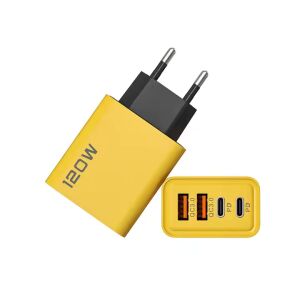 120W-os gyorstöltő, sárga színű, 2 PD és 2 USB porttal (5V/2A), kompatibilis az Apple/Huawei/Xiaomi/Samsung készülékekkel.